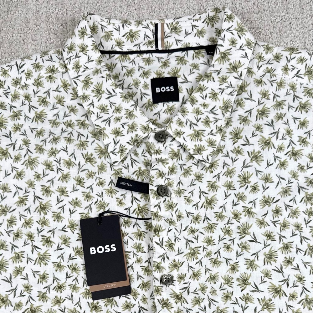 NEW HUGO BOSS Mens 4XL Floral Roan Stretch Linen Blend Short Sleeve Button Shirt
